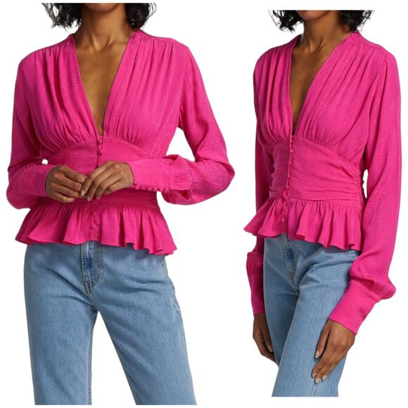 Rotate Birger Christensen NWT Tracy Peplum Top Size 4 Barbie Pink Ruched V-Neck - Picture 2 of 16